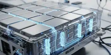 Futuristic EV battery pack with glowing blue energy cells
