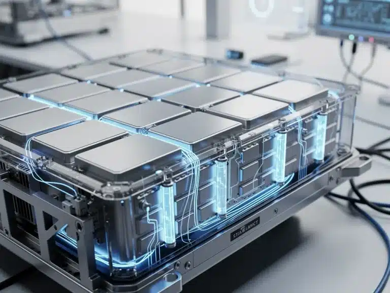 Futuristic EV battery pack with glowing blue energy cells