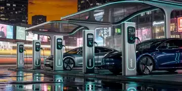 Futuristic EV charging station in urban setting at dusk, multiple active charging points.