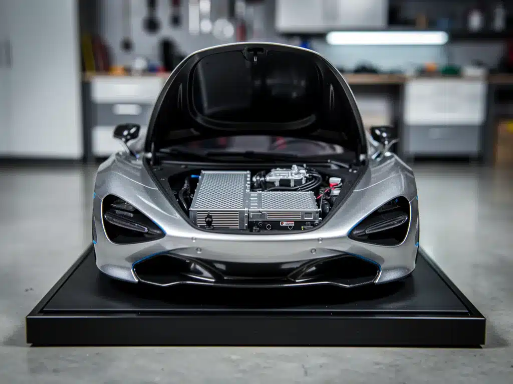 Close-up of a detailed electric sports car scale model with exposed battery