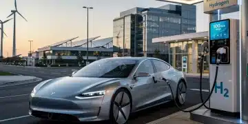 Futuristic hydrogen fuel cell vehicle at a refueling station displaying 500-mile range.