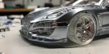 Futuristic scale model car with advanced materials