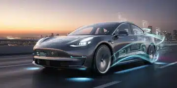Futuristic software-defined vehicle on a highway with digital overlays