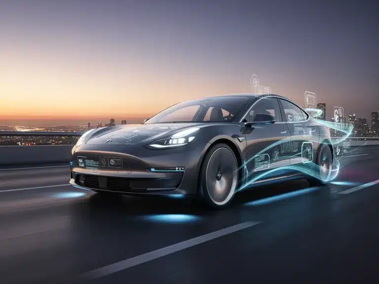 Futuristic software-defined vehicle on a highway with digital overlays