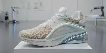 Futuristic shoe concept showcasing mycelium, recycled plastic, and smart textile integration.