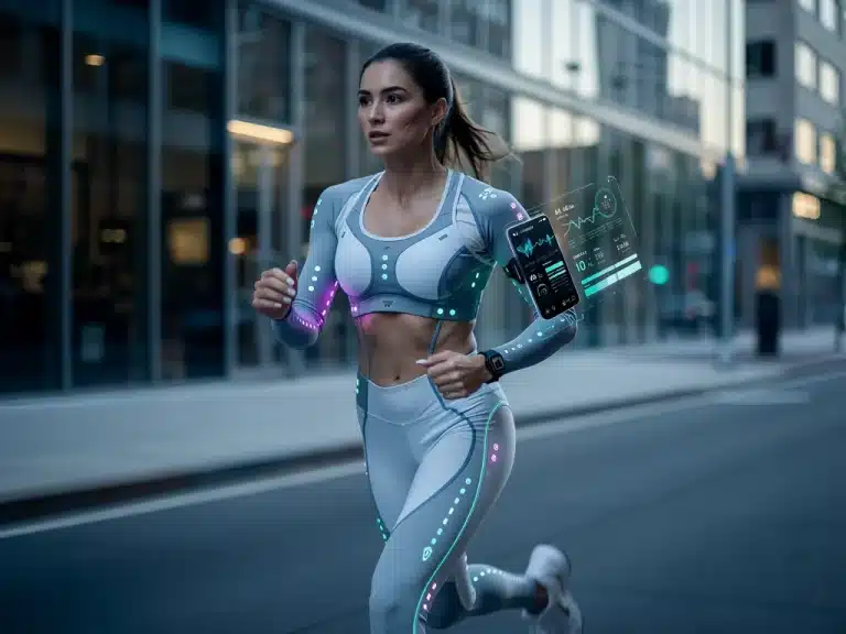 Futuristic athlete in smart wearable health apparel monitoring vitals in US