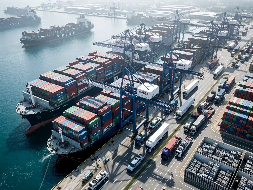 Busy port operations, cargo ships, and containers symbolizing global automotive supply chains.
