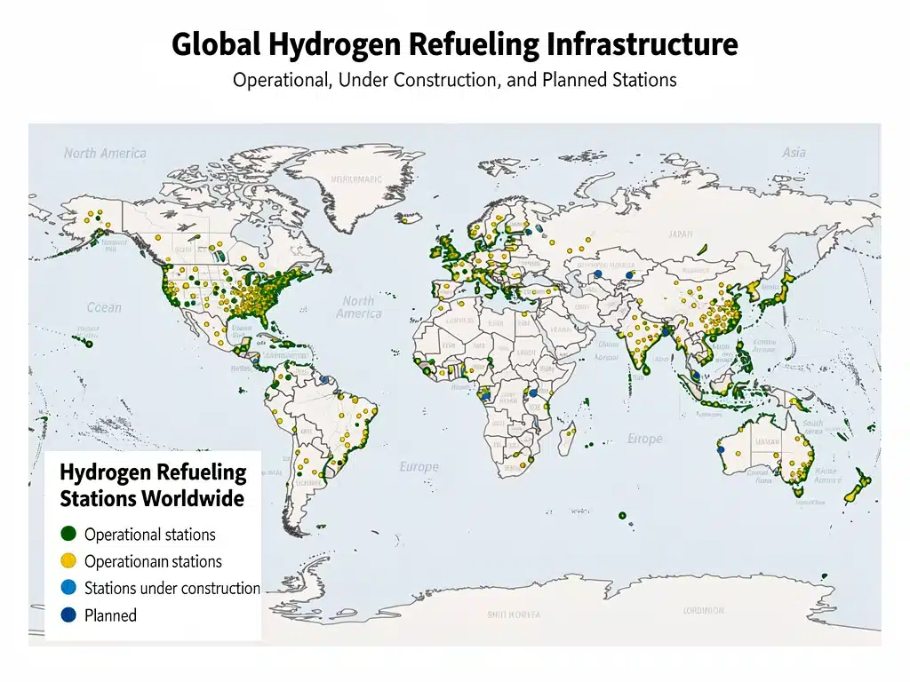 Global map illustrating the current and projected growth of hydrogen refueling stations.