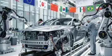 Global trade policies impacting US automotive imports by 6% in 2026, with cars and international flags.