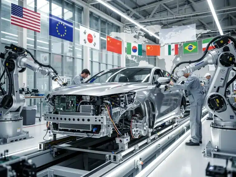 Global trade policies impacting US automotive imports by 6% in 2026, with cars and international flags.