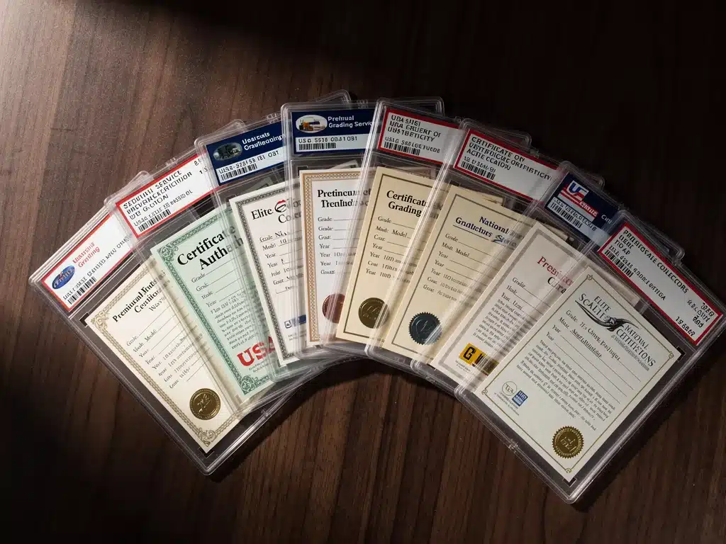 Collection of scale model grading certificates and labels