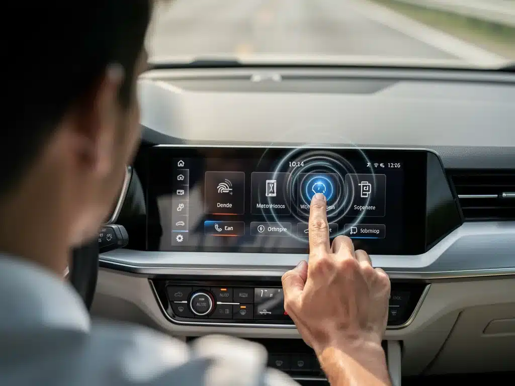 Driver's hand using haptic-enabled infotainment system in a car
