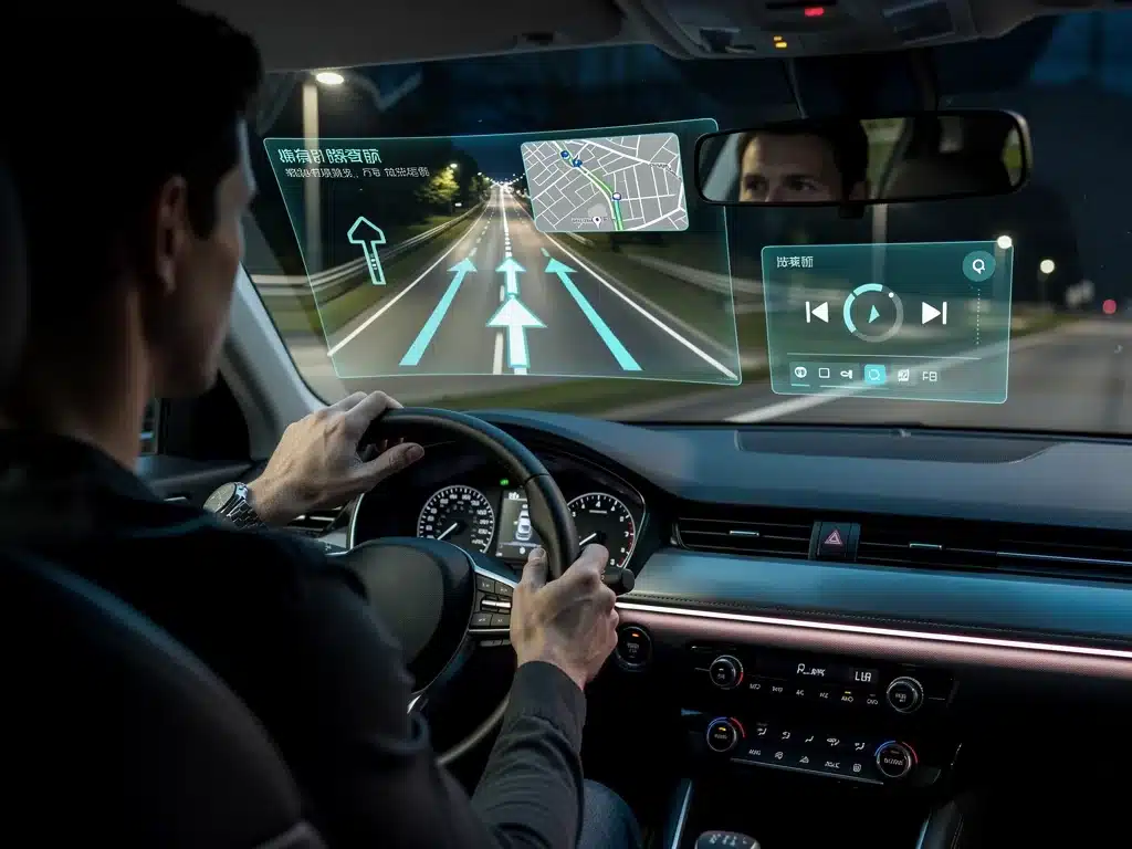 Driver interacting with holographic augmented reality display in car