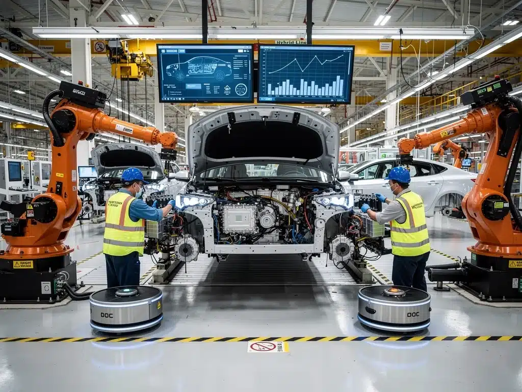 Automotive assembly line focused on manufacturing hybrid vehicles, demonstrating industry adaptation.