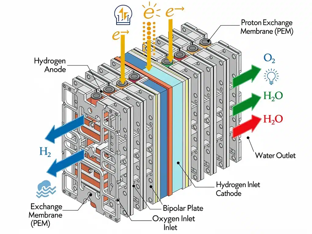 Detailed diagram of a hydrogen fuel cell stack components and operation.