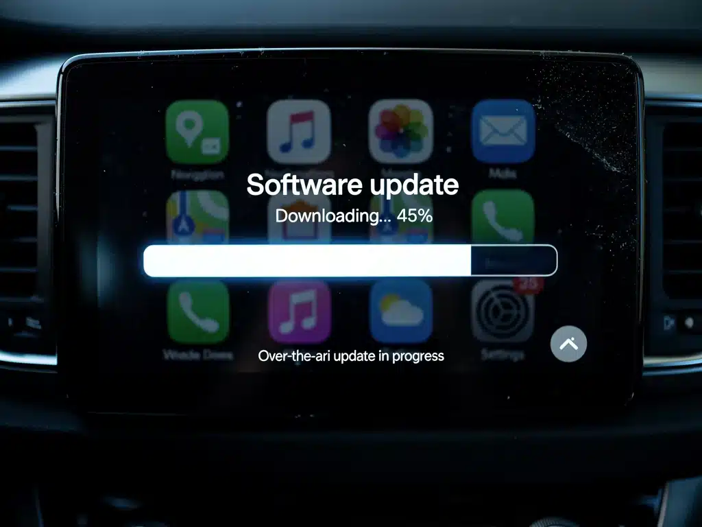 Vehicle infotainment screen displaying an OTA software update progress bar