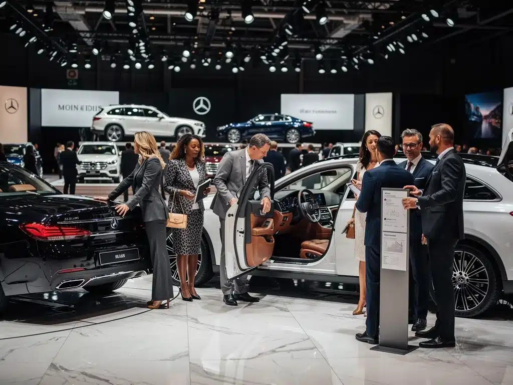 Affluent consumers at a luxury automotive show interacting with vehicles
