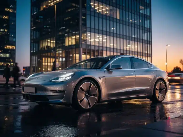 Modern luxury electric vehicle in urban setting, symbolizing market growth