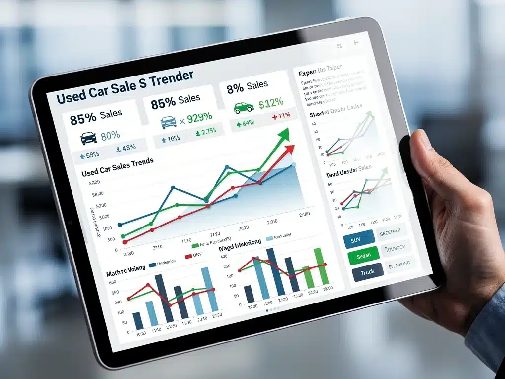 Digital tablet displaying market analytics and trend graphs for used car sales, held by a hand.