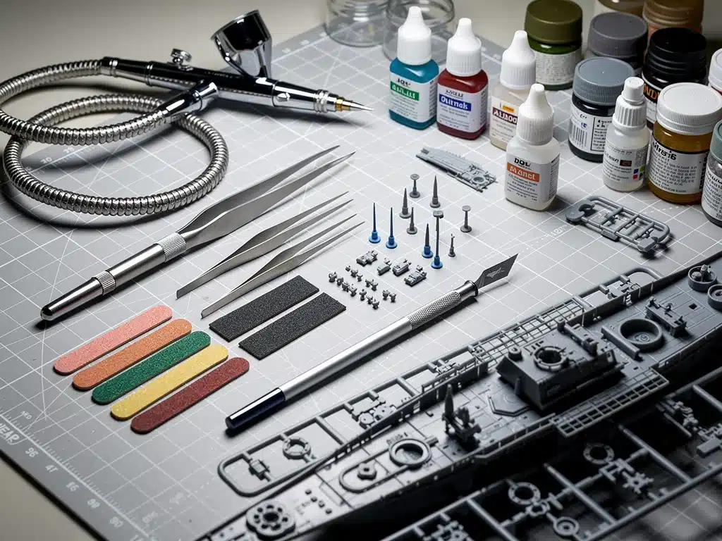 Model builder's workbench with specialized tools and partially assembled complex scale model.