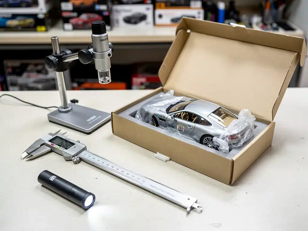 Workbench with tools for detailed scale model inspection