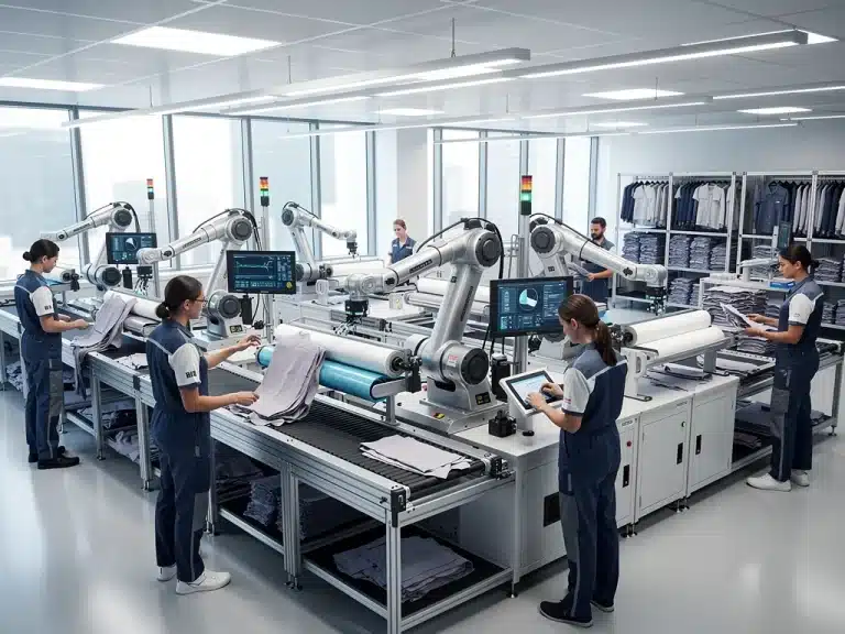 Modern apparel micro-factory with automated systems and human oversight in the US