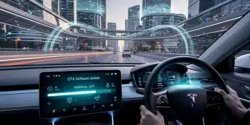Modern electric car receiving an Over-the-Air (OTA) software update, dashboard glowing