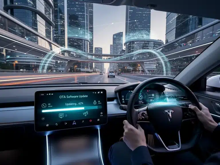 Modern electric car receiving an Over-the-Air (OTA) software update, dashboard glowing