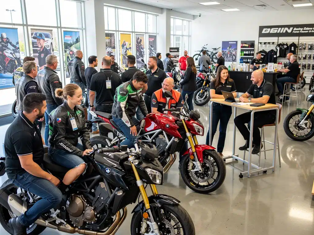 Motorcycle enthusiasts at a dealership event, showing community and purchasing interest.