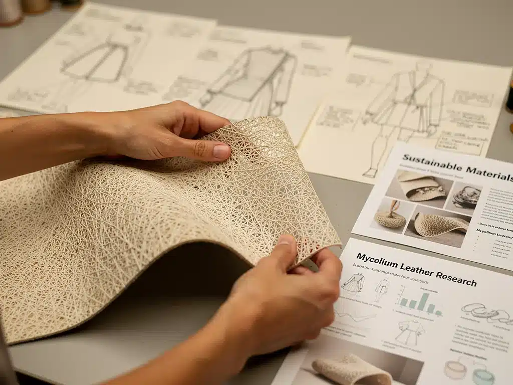 Designer examining mycelium leather for sustainable fashion creation