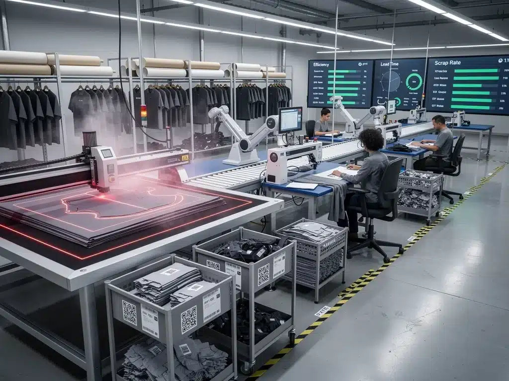 Lean manufacturing process for on-demand customized apparel production.