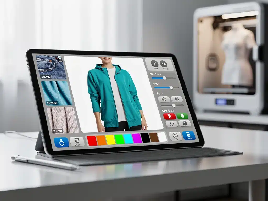 Digital interface for custom clothing design with 3D printing in the background.