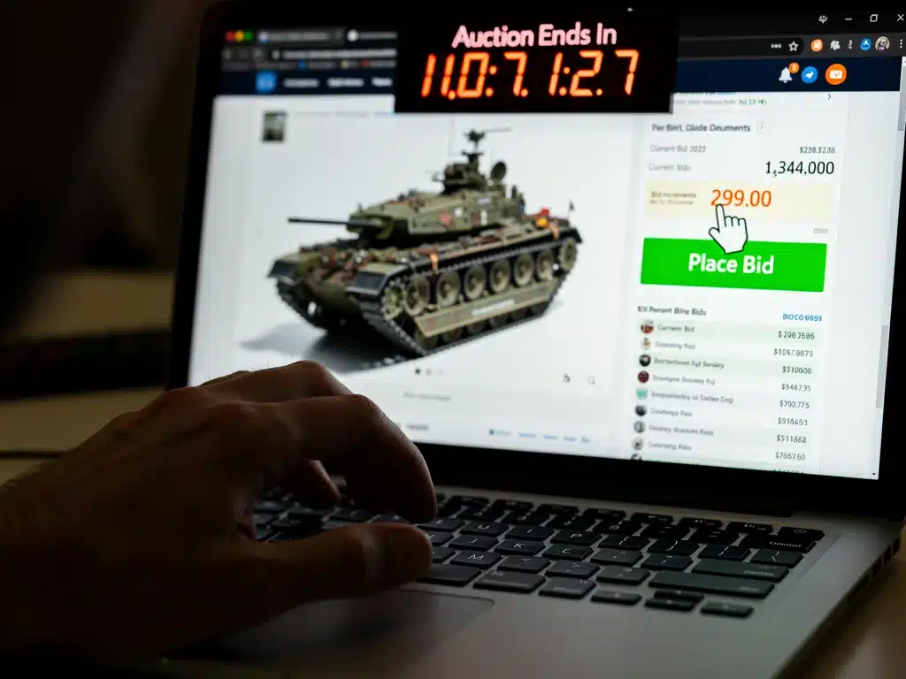 Hand placing a bid on an online auction for a rare scale model.