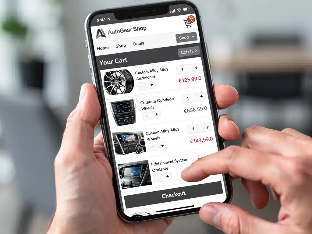 Digital shopping cart on a smartphone screen, showcasing online automotive accessory purchases and e-commerce trends.