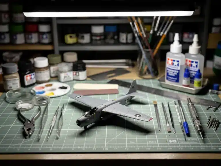 Organized workbench with essential scale model assembly tools and a partially built aircraft model