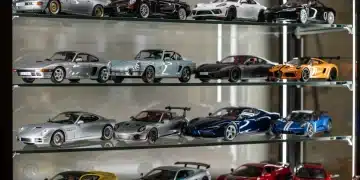 Diverse collection of premium diecast model cars displayed in a collector's case, highlighting detail and variety.