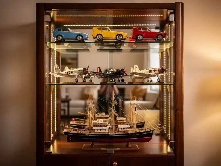 Pristine collection of scale models displayed in a protective glass cabinet, highlighting careful preservation.