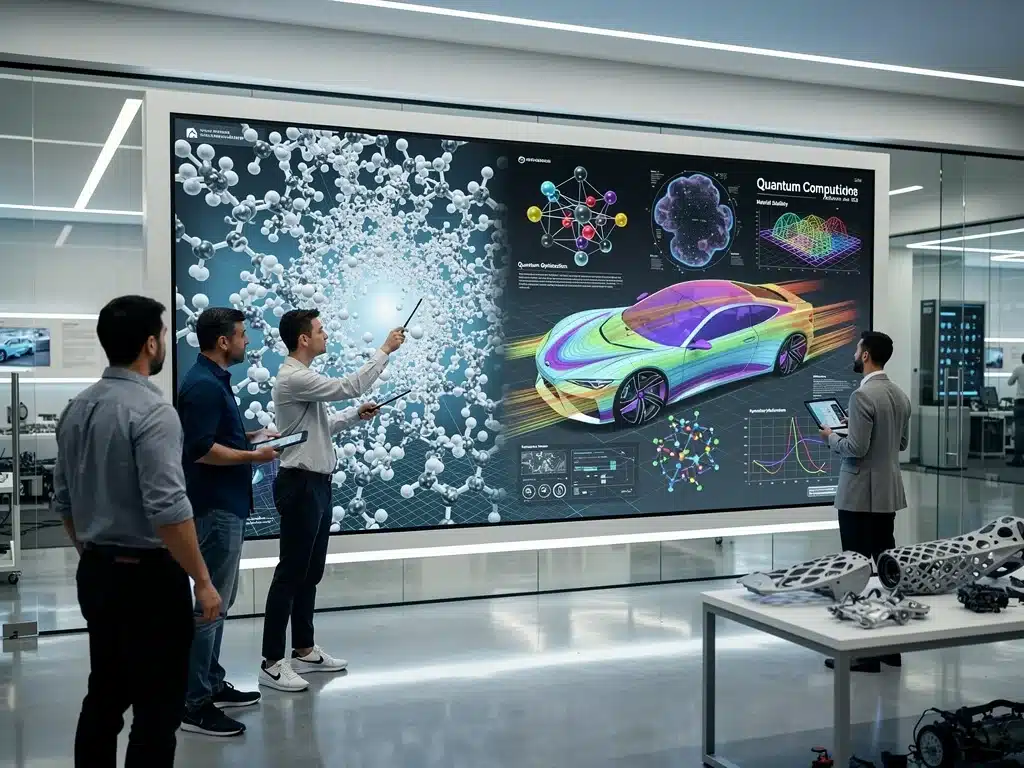 Engineers analyzing quantum-powered automotive material simulations
