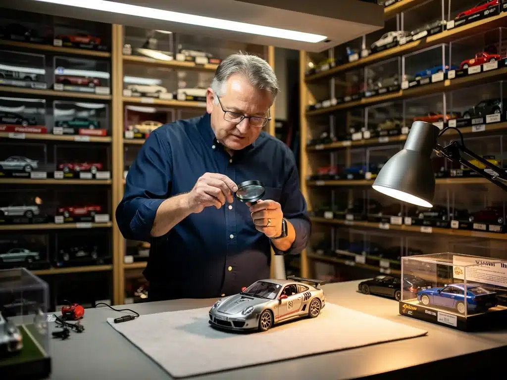 Collector inspecting a rare limited edition diecast model, highlighting the appraisal process and value.
