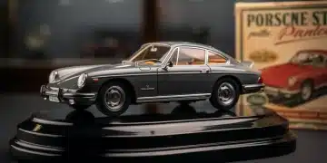 Close-up of a rare vintage scale model car, pristine condition, original packaging