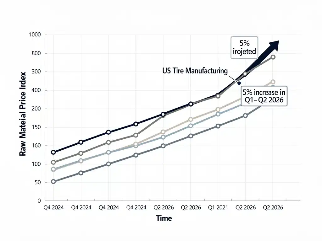 Projected graph showing rising raw material costs affecting US tire manufacturing, indicating a 5% increase by mid-2026.
