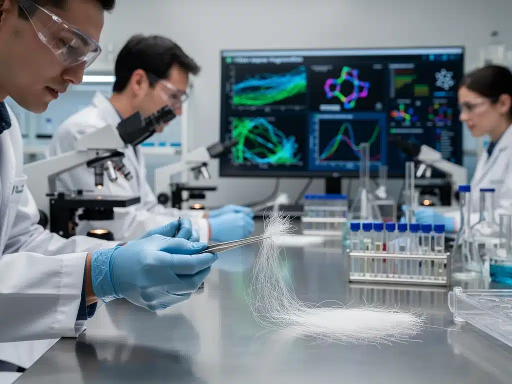 Scientists analyzing regenerated textile fibers in a laboratory
