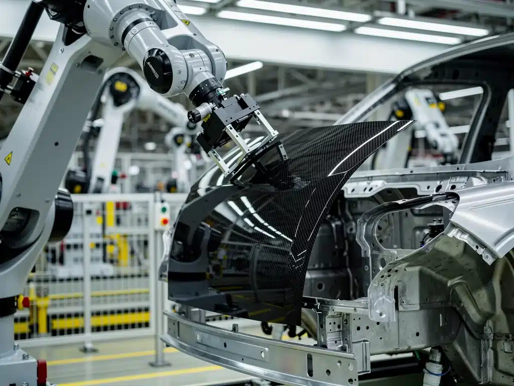 Robotic arm installing carbon fiber panel in automotive assembly.