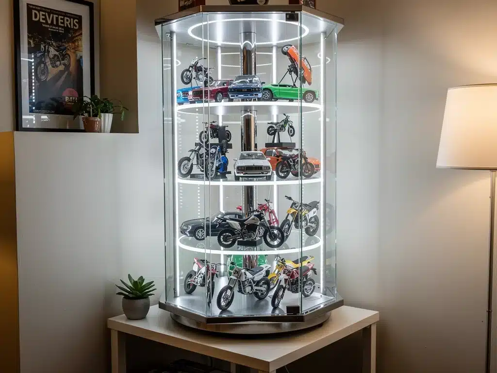 Multi-tiered rotating display case showcasing miniature car models in a corner.
