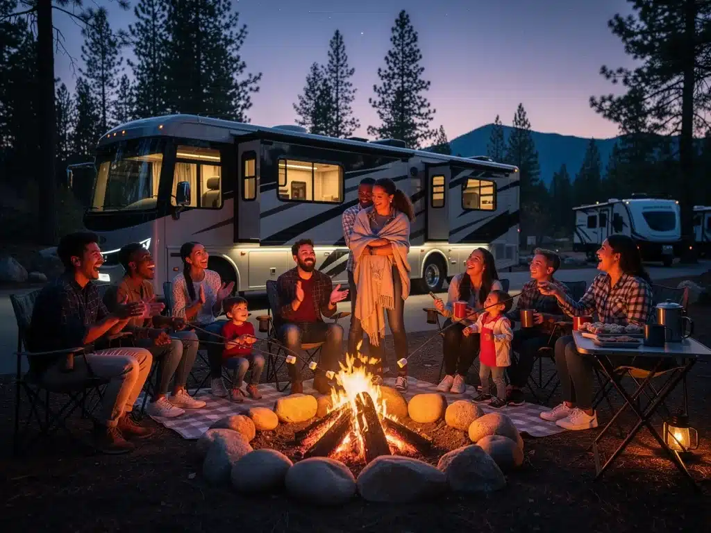 Diverse group enjoying campfire outside luxury RV, reflecting new RV demographics.