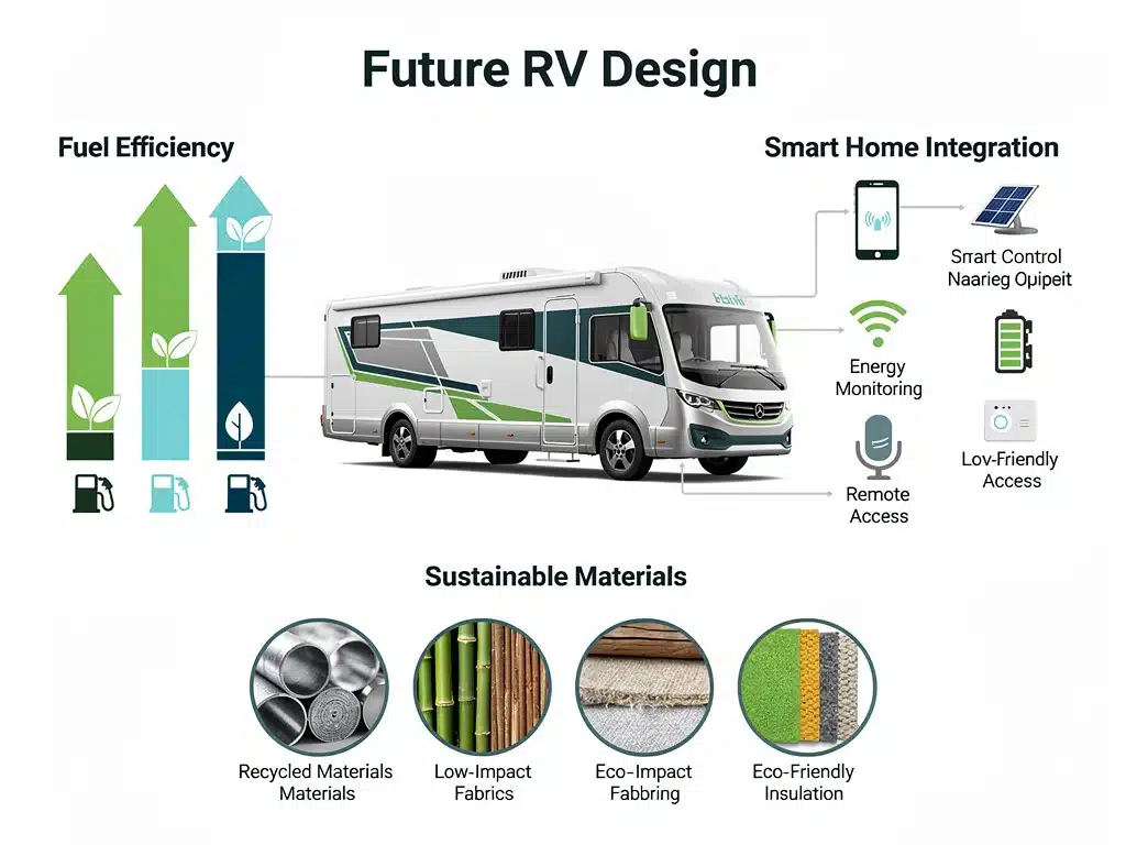 Infographic on RV tech trends: fuel efficiency, smart home, sustainable materials.
