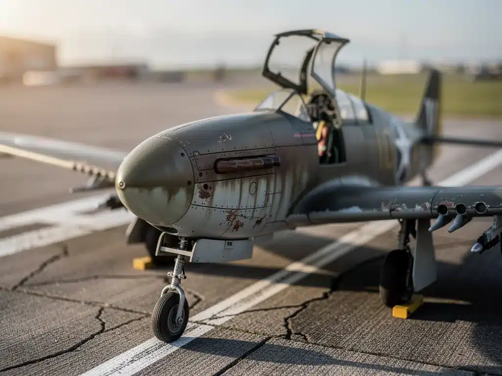 Detailed close-up of a weathered scale model airplane on a runway, showcasing realistic textures and lighting.