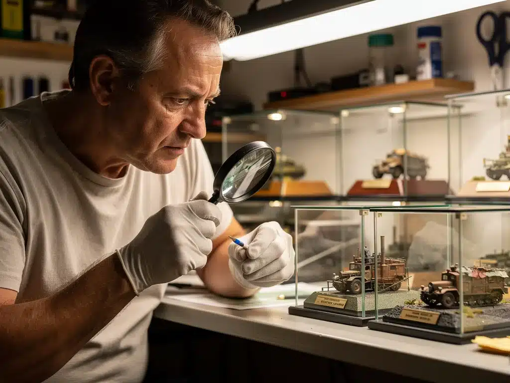 Collector examining a scale model with a magnifying glass for authenticity.