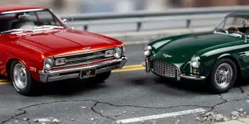 Professional studio shot of detailed scale model cars, showcasing intricate craftsmanship and realistic setting.