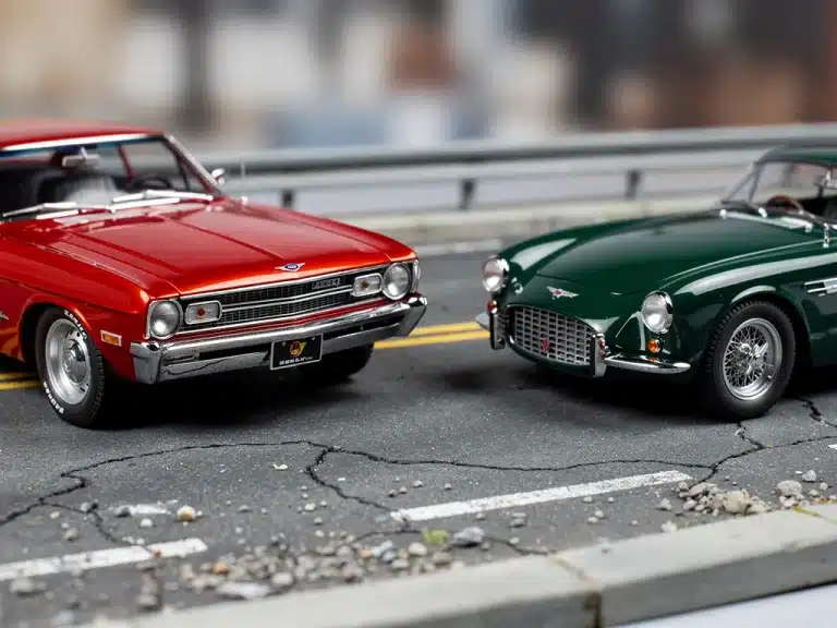Professional studio shot of detailed scale model cars, showcasing intricate craftsmanship and realistic setting.